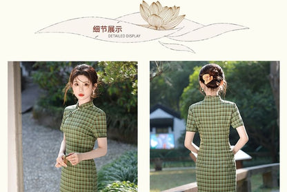 Short-Sleeve Plaid Side-Slit Midi Qipao