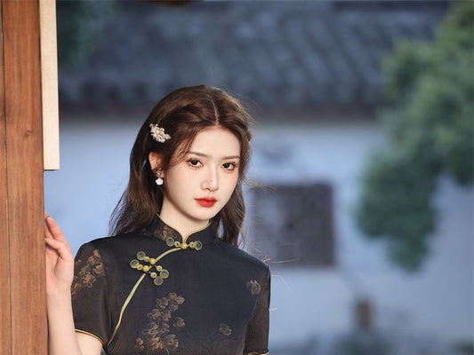 Short-Sleeve Butterfly Print Side-Slit Midi Qipao