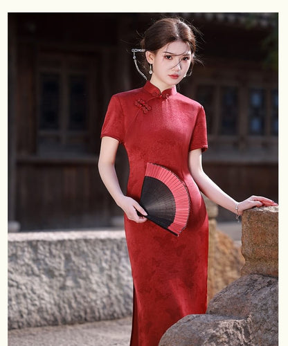 Short-Sleeve Butterfly Print Side-Slit Midi Qipao