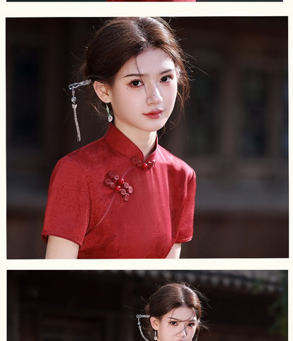 Short-Sleeve Butterfly Print Side-Slit Midi Qipao