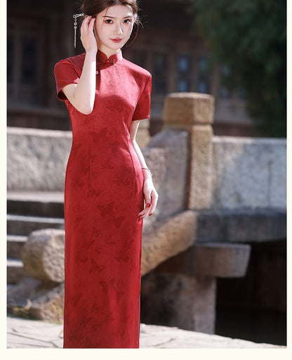 Short-Sleeve Butterfly Print Side-Slit Midi Qipao