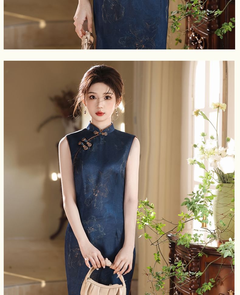 Sleeveless Floral Side-Slit Maxi Qipao