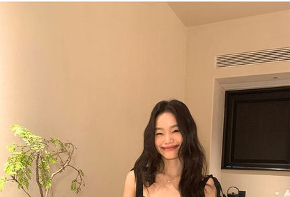 Tie Shoulder Plain Maxi A-Line Dress