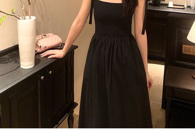 Tie Shoulder Plain Maxi A-Line Dress