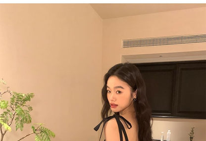 Tie Shoulder Plain Maxi A-Line Dress