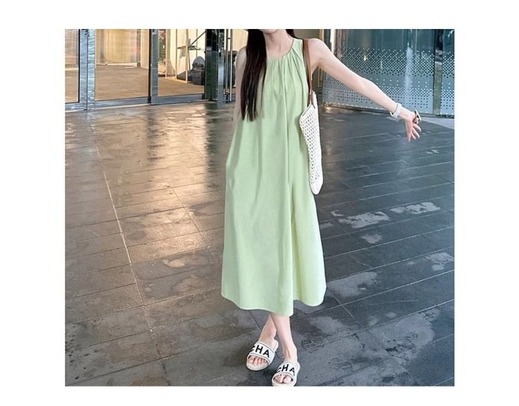 Dress Pleated Sleeveless Midi A-Line Round Neck Plain