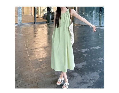 Dress Pleated Sleeveless Midi A-Line Round Neck Plain