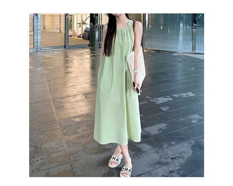 Dress Pleated Sleeveless Midi A-Line Round Neck Plain