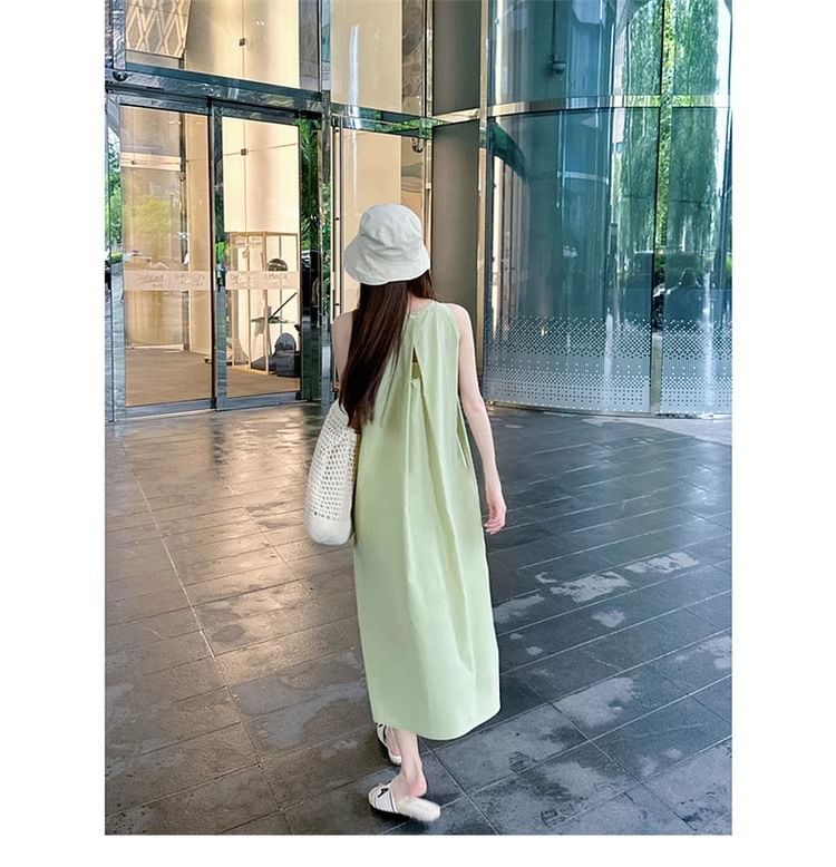 Dress Pleated Sleeveless Midi A-Line Round Neck Plain