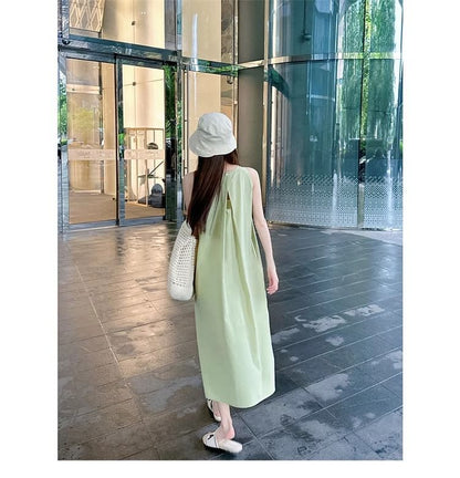 Dress Pleated Sleeveless Midi A-Line Round Neck Plain