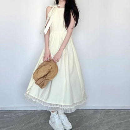 Neck Bow Maxi Mesh A-Line Round Panel Plain Dress Sleeveless