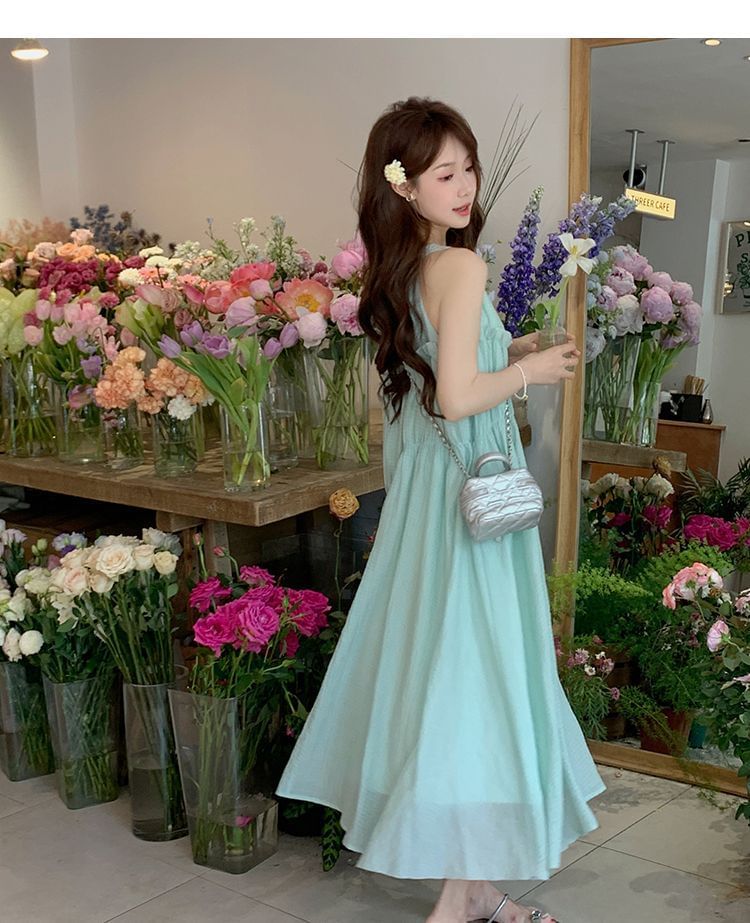 Panel Plain Round Dress A-Line Neck Midi Sleeveless