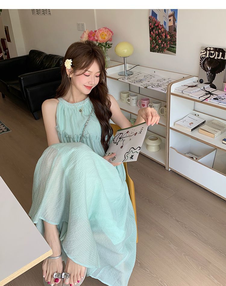 Panel Plain Round Dress A-Line Neck Midi Sleeveless