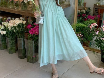 Panel Plain Round Dress A-Line Neck Midi Sleeveless