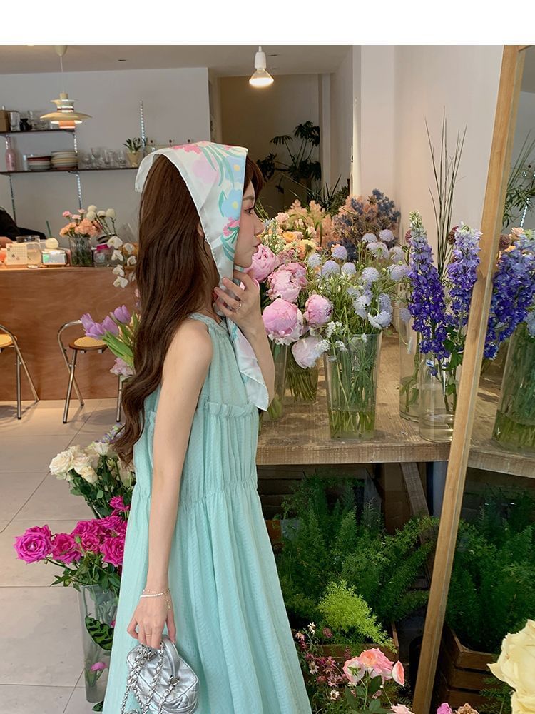 Panel Plain Round Dress A-Line Neck Midi Sleeveless