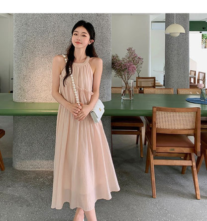 Panel Plain Round Dress A-Line Neck Midi Sleeveless