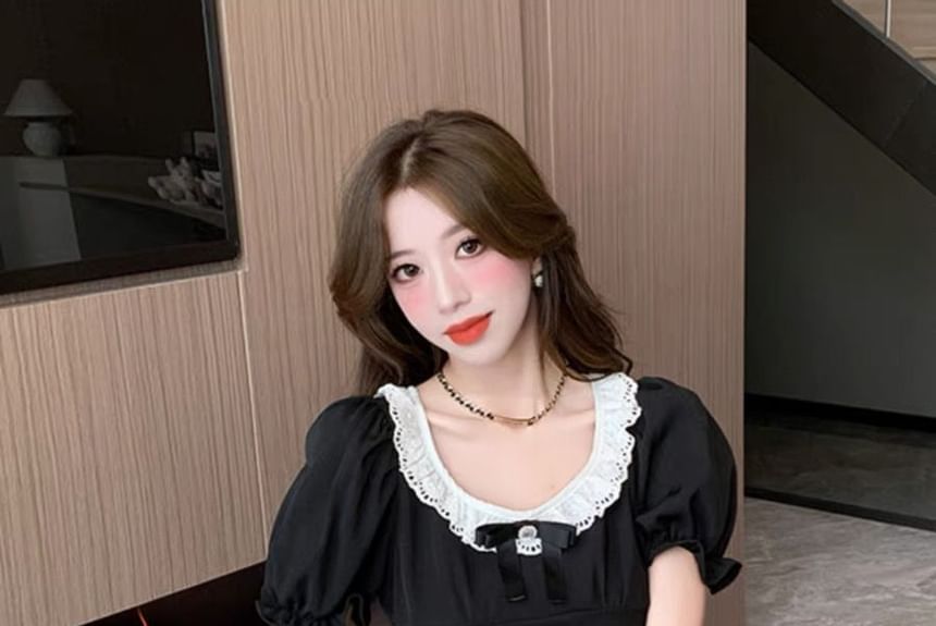 Ruffle Sleeve Puff Round Mini Neck A-Line Dress Bow