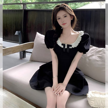 Ruffle Sleeve Puff Round Mini Neck A-Line Dress Bow
