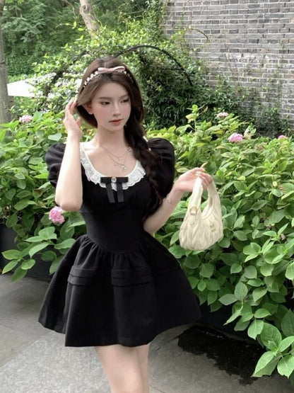 Ruffle Sleeve Puff Round Mini Neck A-Line Dress Bow