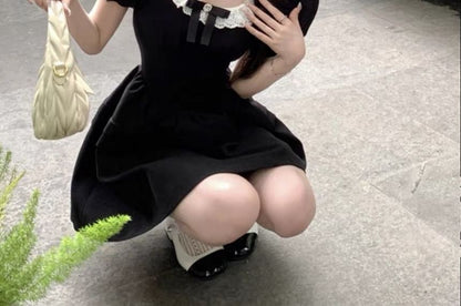 Ruffle Sleeve Puff Round Mini Neck A-Line Dress Bow