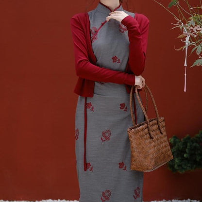 Sleeveless Floral Print Maxi Sheath Qipao / Plain Cardigan / Set