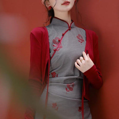 Sleeveless Floral Print Maxi Sheath Qipao / Plain Cardigan / Set
