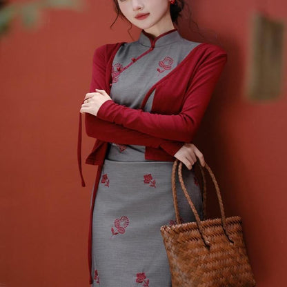 Sleeveless Floral Print Maxi Sheath Qipao / Plain Cardigan / Set