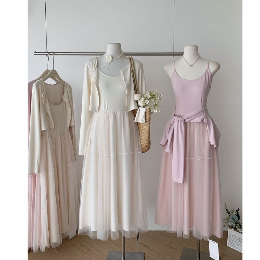 Cardigan and Maxi A-Line Dress Set with Spaghetti Straps