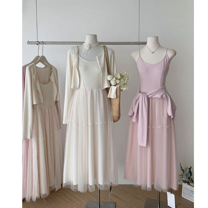 Cardigan and Maxi A-Line Dress Set with Spaghetti Straps