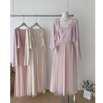 Cardigan and Maxi A-Line Dress Set with Spaghetti Straps