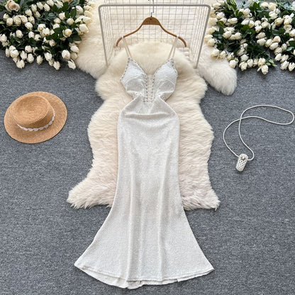 V-Neck Mermaid Spaghetti Sequined Evening Gown Strap