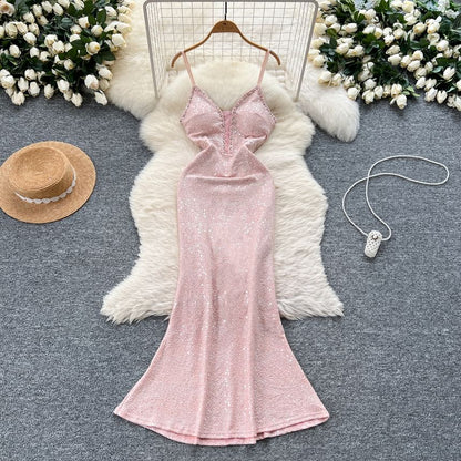 V-Neck Mermaid Spaghetti Sequined Evening Gown Strap