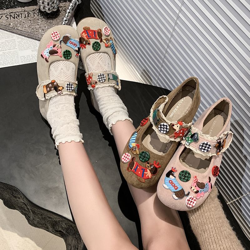 Cartoon Animal Applique Mary Jane Shoes