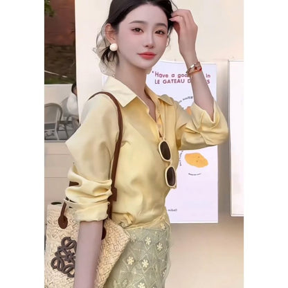 Long Sleeve Collared Plain Lace Trim Panel  Shirt