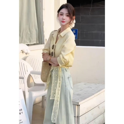 Long Sleeve Collared Plain Lace Trim Panel  Shirt