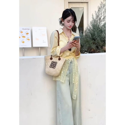 Long Sleeve Collared Plain Lace Trim Panel  Shirt