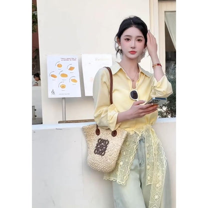 Long Sleeve Collared Plain Lace Trim Panel  Shirt