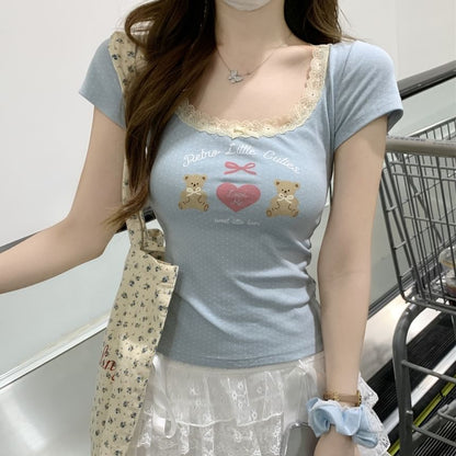 Short-Sleeve Scoop Neck Bear Print Lace Trim Slim Fit Crop Tee