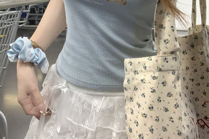 Short-Sleeve Scoop Neck Bear Print Lace Trim Slim Fit Crop Tee