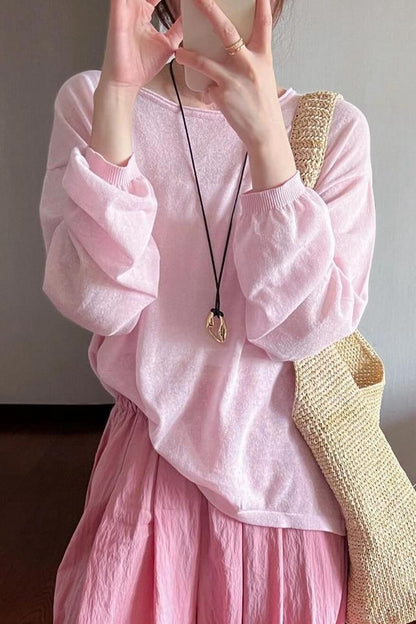 Long-Sleeve Round Neck Plain Top