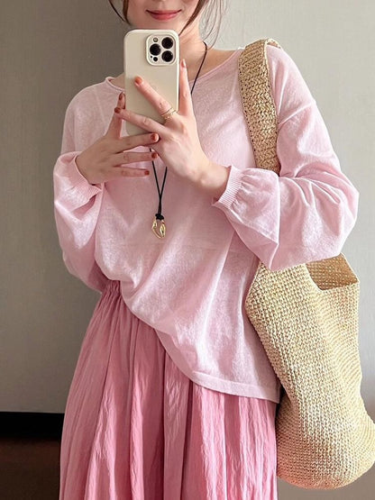 Long-Sleeve Round Neck Plain Top