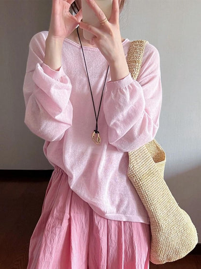 Long-Sleeve Round Neck Plain Top