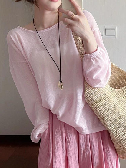 Long-Sleeve Round Neck Plain Top