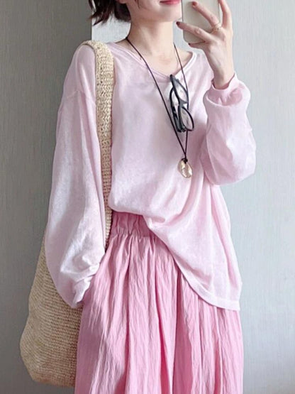 Long-Sleeve Round Neck Plain Top