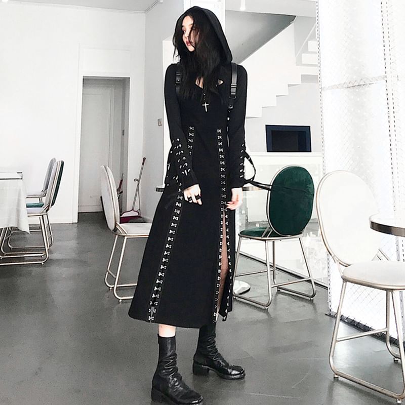 Hooded Hoop Accent Crop Top and Midi A-Line Dress Set with Slit