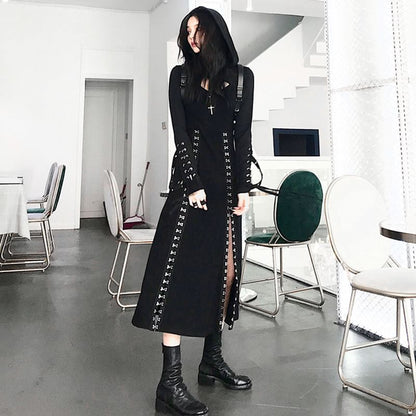 Hooded Hoop Accent Crop Top and Midi A-Line Dress Set with Slit