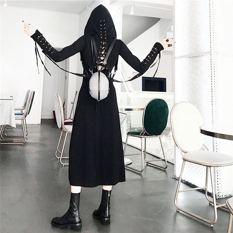 Hooded Hoop Accent Crop Top and Midi A-Line Dress Set with Slit