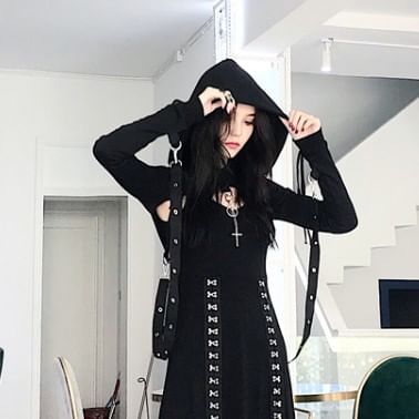 Hooded Hoop Accent Crop Top and Midi A-Line Dress Set with Slit