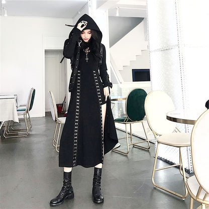 Hooded Hoop Accent Crop Top and Midi A-Line Dress Set with Slit