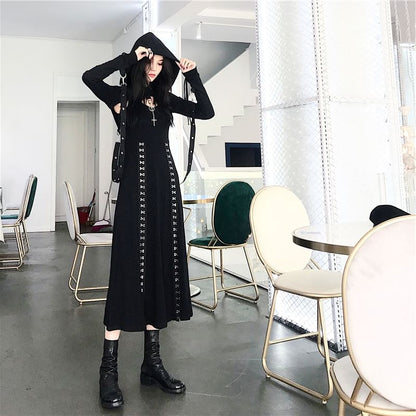 Hooded Hoop Accent Crop Top and Midi A-Line Dress Set with Slit